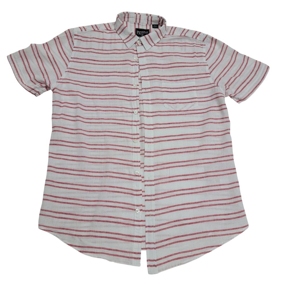 PX Premium Xpression Mens M Shirt Red Striped Linen Blend Short Sleeve Button